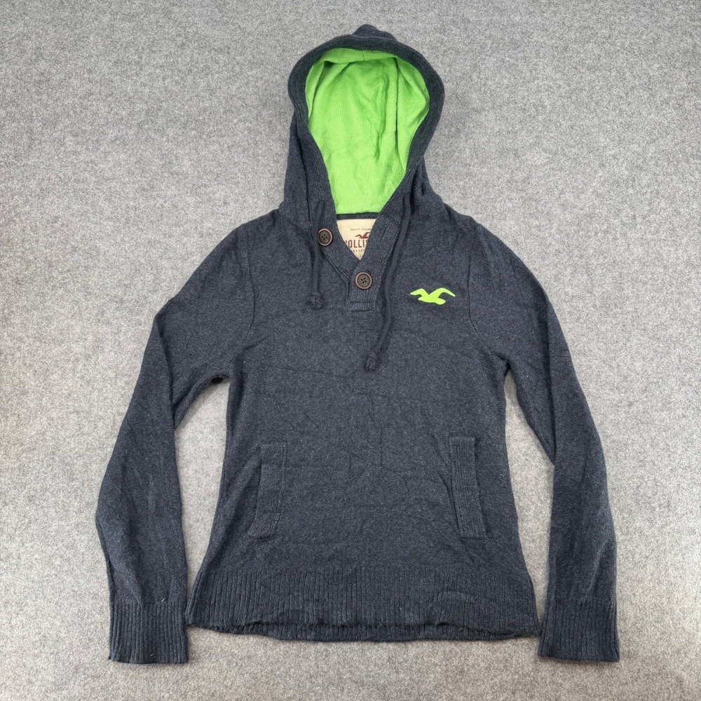 Y2K Hollister Hoodie Mens S Pullover Charcoal Gray Lime Green Button Henley EUC